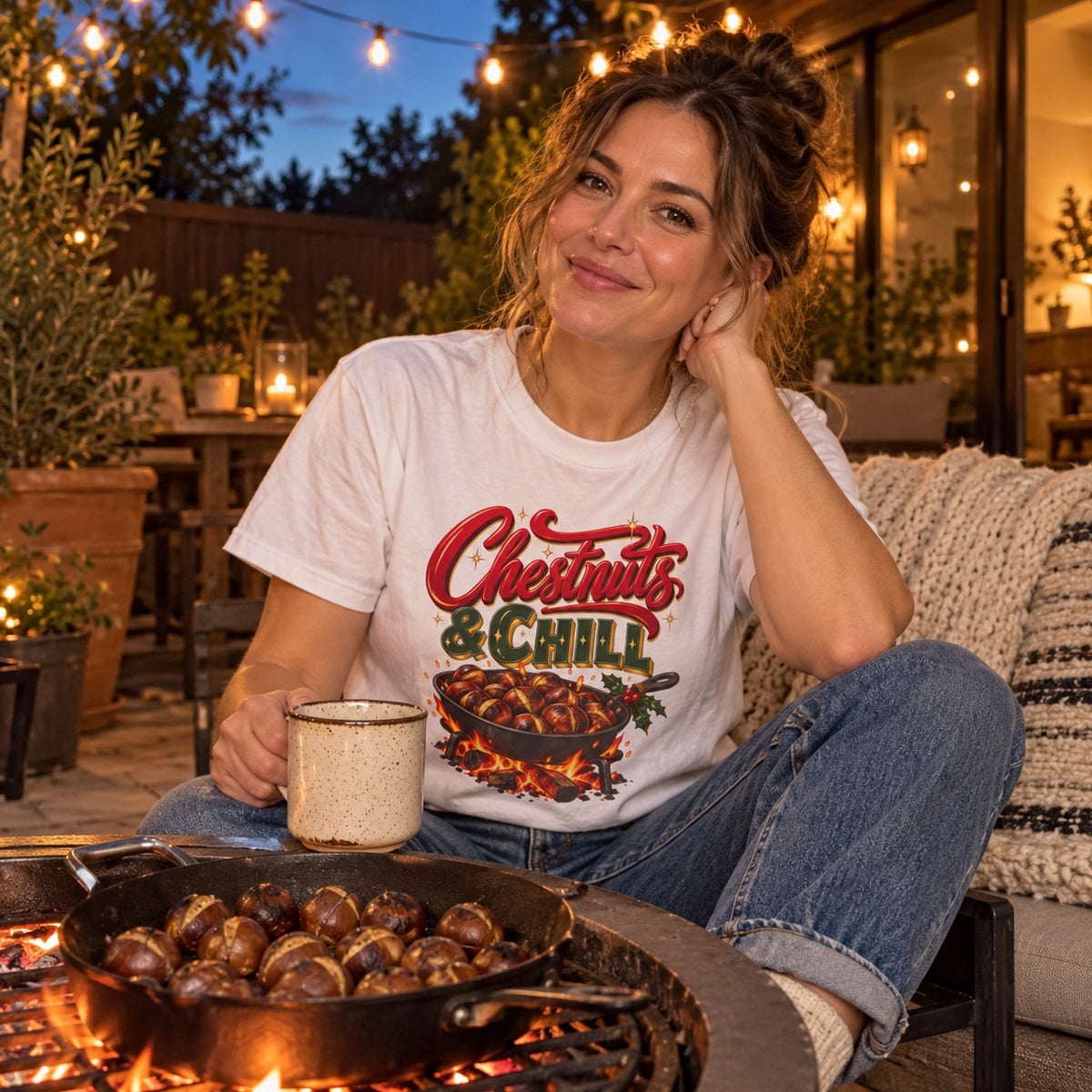 Chestnuts & Chill T-Shirt worn in a casual Christmas photo