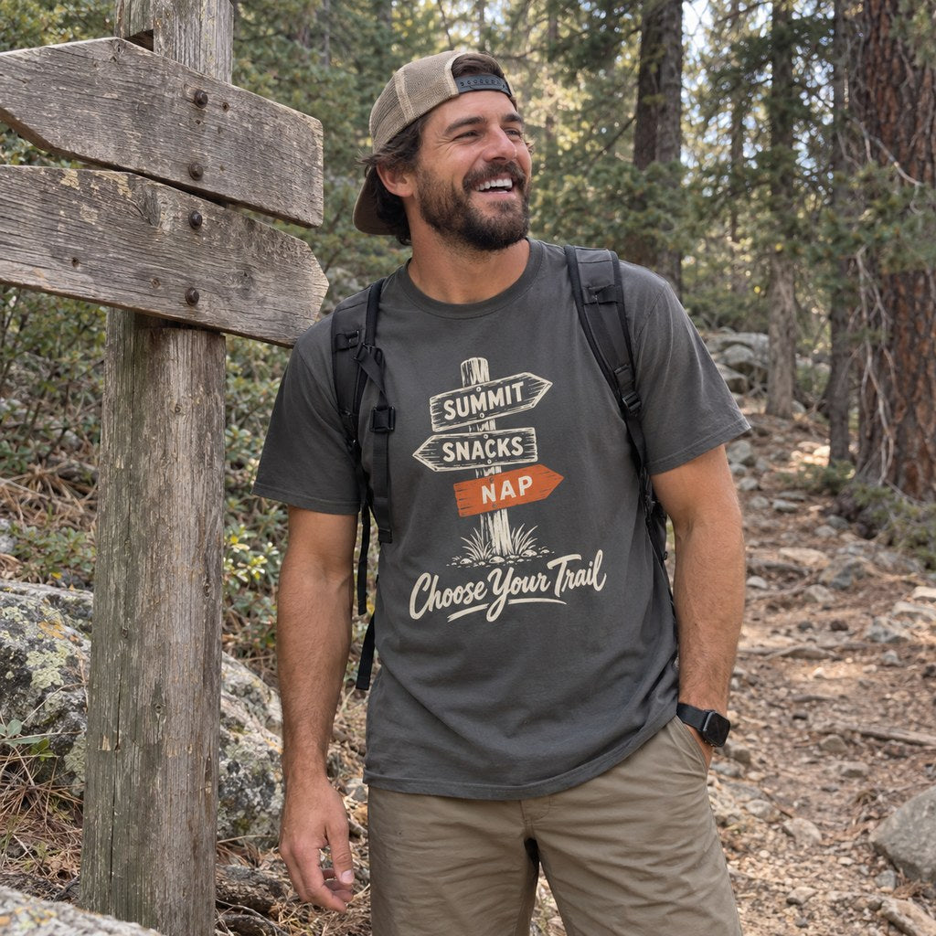 Man wearing the Choose Your Trail T-Shirt by a trail signpost