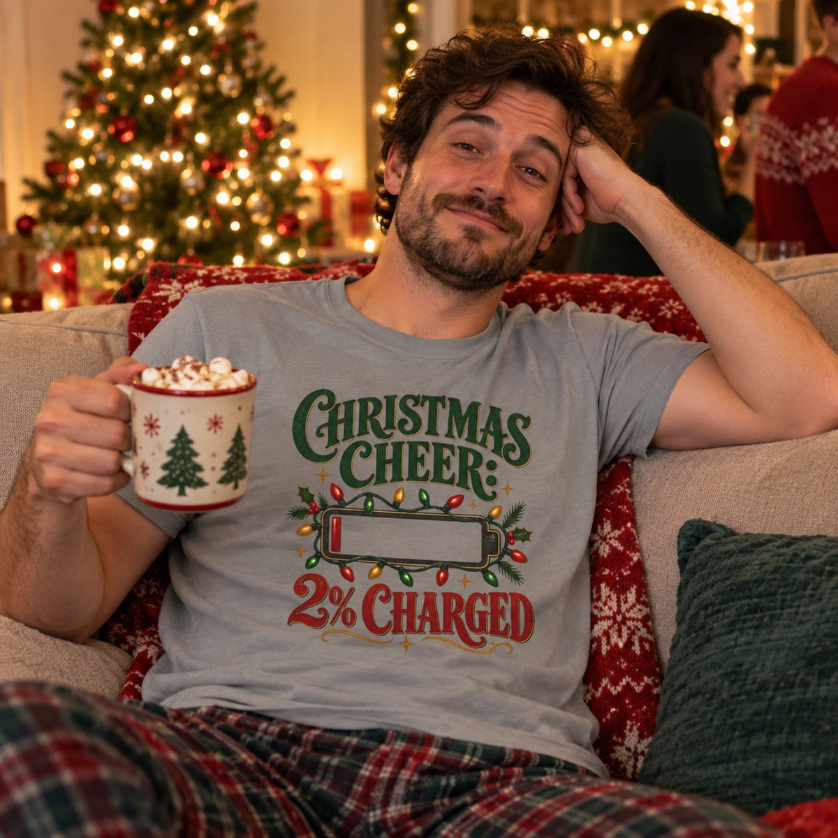 Christmas Cheer: 2% Charged T-Shirt worn in a casual Christmas photo