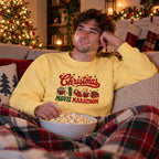 Christmas Movie Marathon Sweatshirt worn in a casual Christmas photo