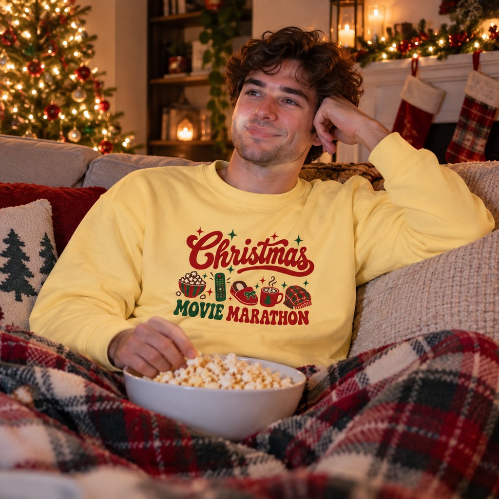 Christmas Movie Marathon Sweatshirt worn in a casual Christmas photo