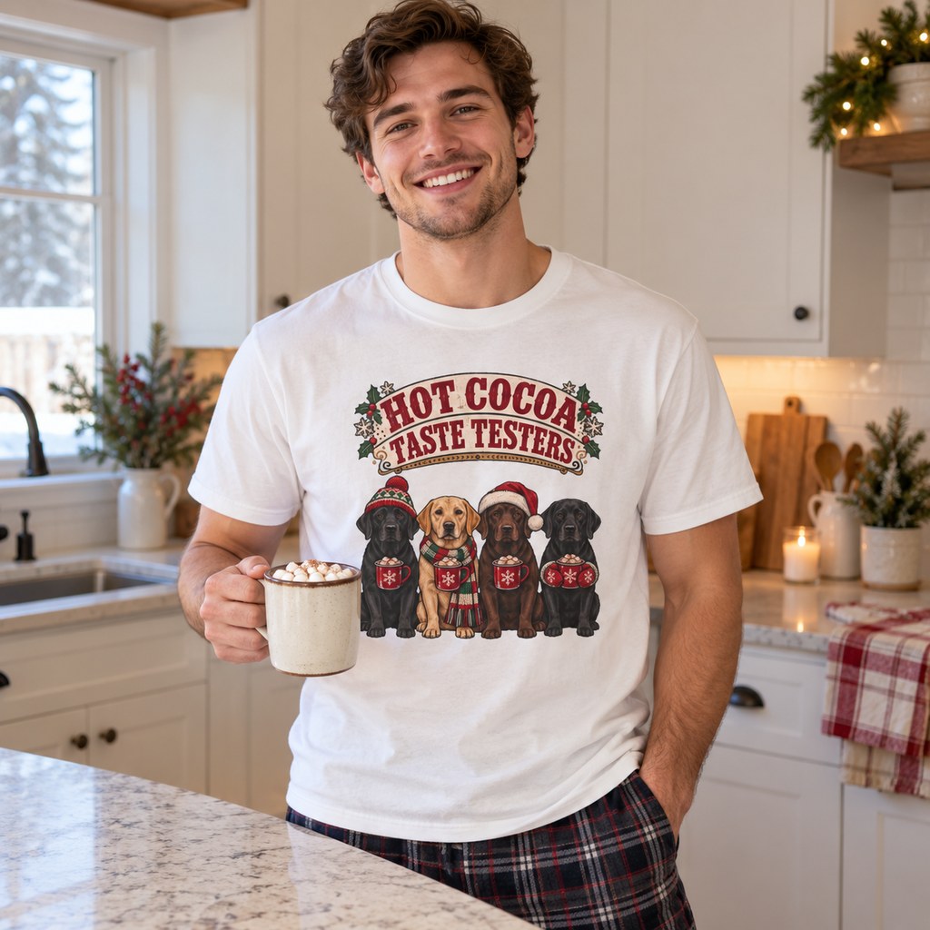 Hot Cocoa Taste Testers T-Shirt worn in a casual Christmas photo