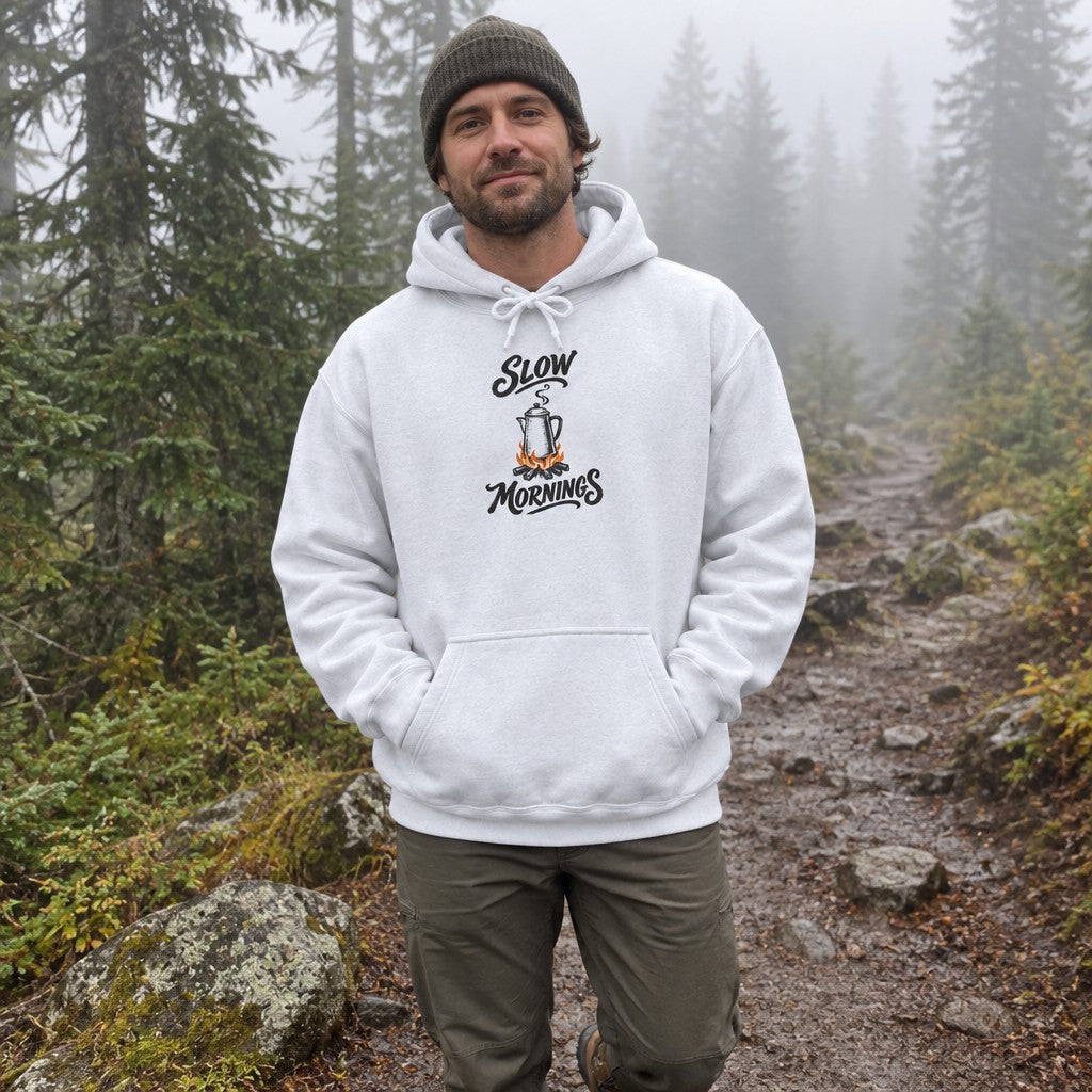 Man wearing the Slow Mornings hoodie on a foggy forest trail