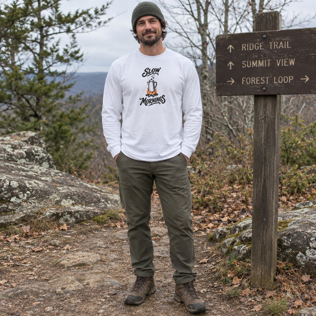 Man wearing the Slow Mornings long sleeve shirt at a trail sign