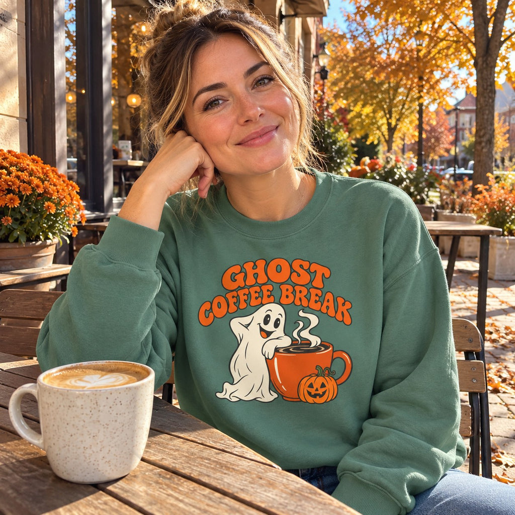 Person wearing the Ghost Coffee Break Sweatshirt