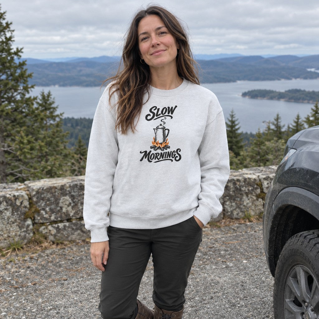 Woman wearing the Slow Mornings crewneck sweatshirt at a scenic pull-off by the car