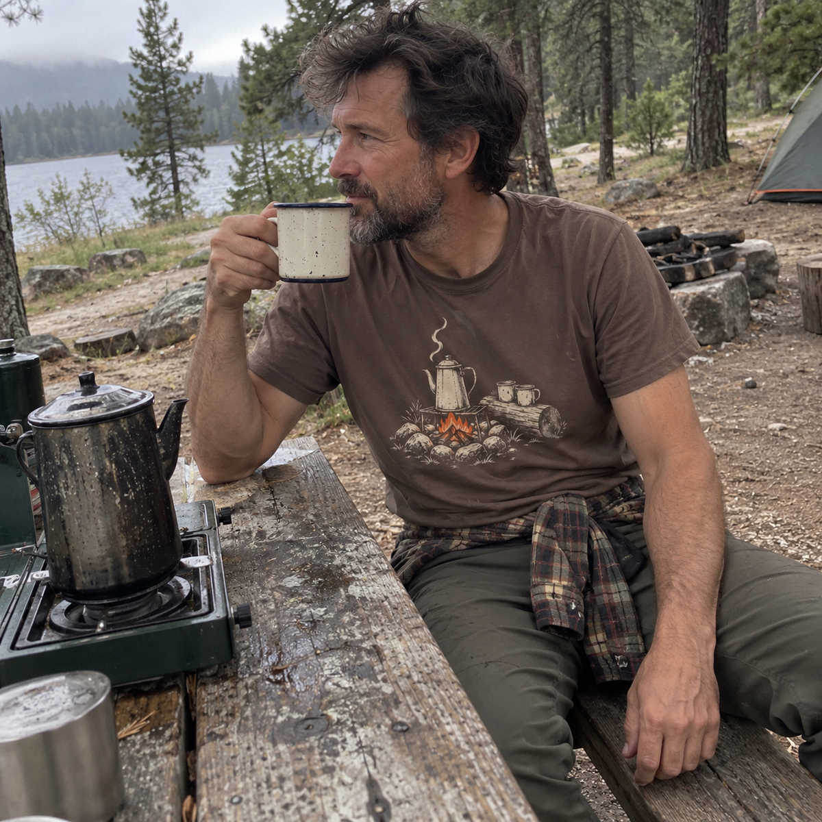Campfire Coffee T-Shirt worn outdoors