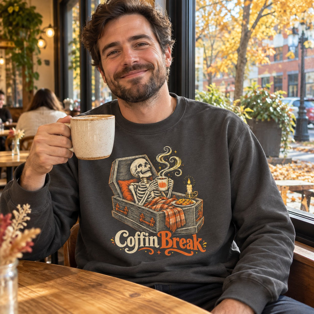 Coffin Break Sweatshirt worn casually