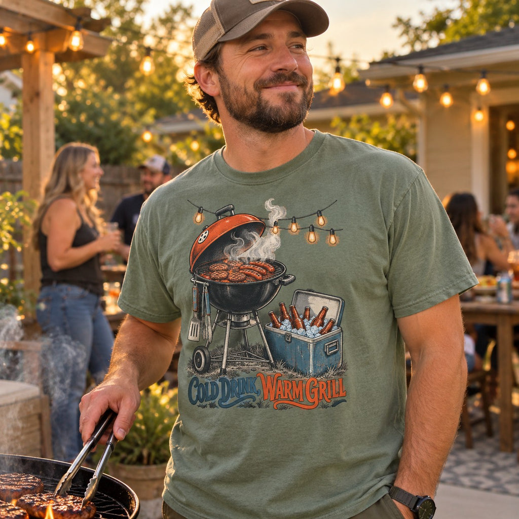 Man grilling at a backyard cookout wearing the Cold Drink, Warm Grill T-Shirt in Bay