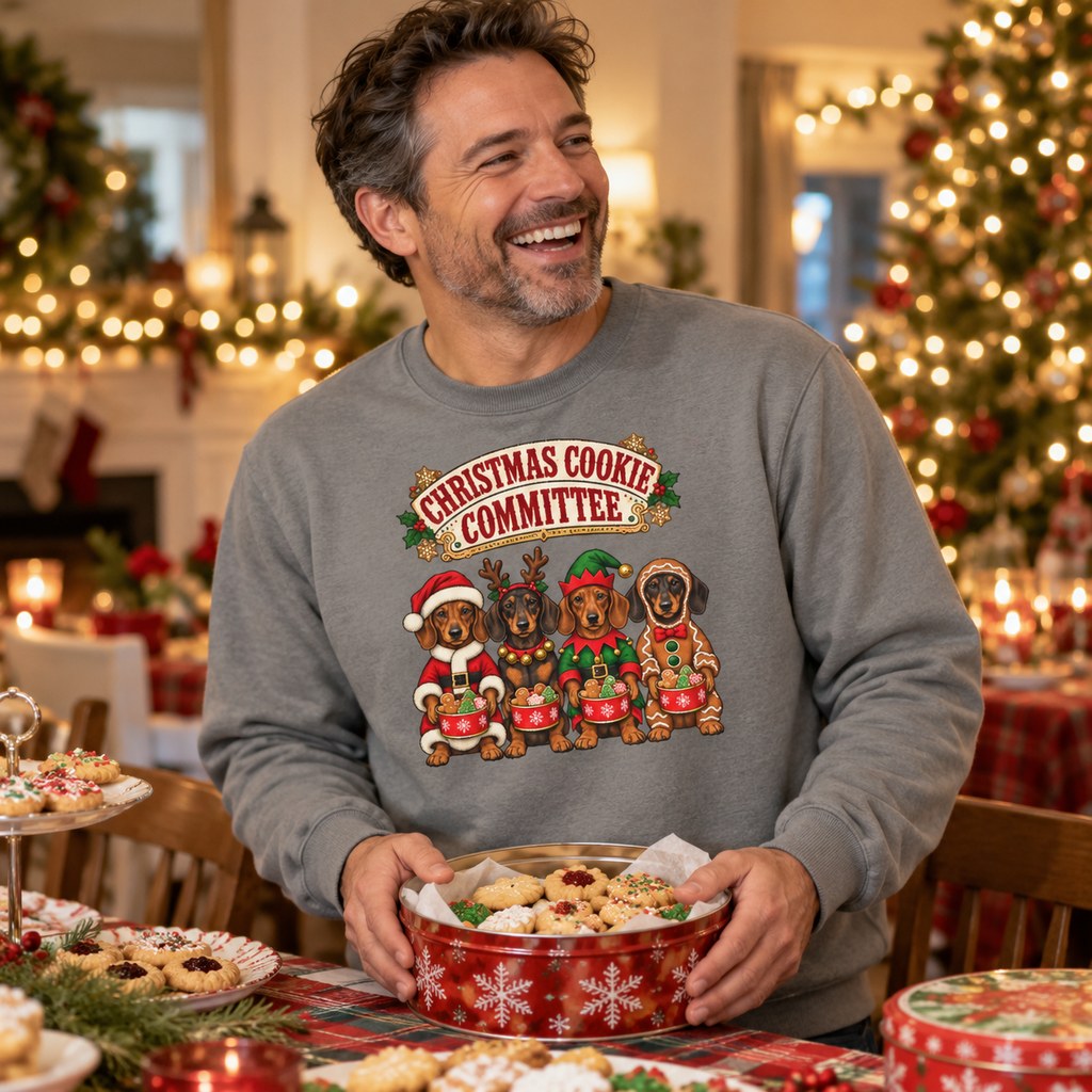 Christmas Cookie Committee Sweatshirt worn in a casual Christmas photo