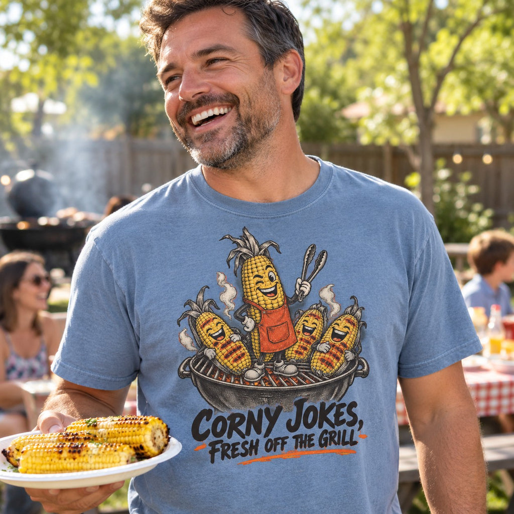 Dad at a backyard barbecue wearing the Corny Jokes, Fresh Off the Grill T-Shirt in Chambray