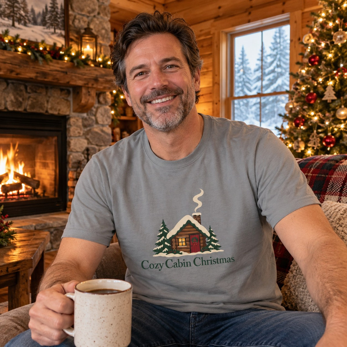 Cozy Cabin Christmas T-Shirt worn in a casual Christmas photo