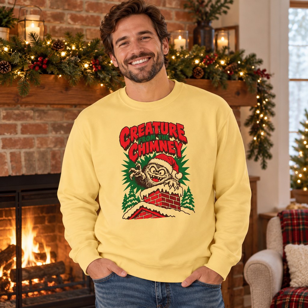 Creature from the Chimney Sweatshirt worn in a casual Christmas photo