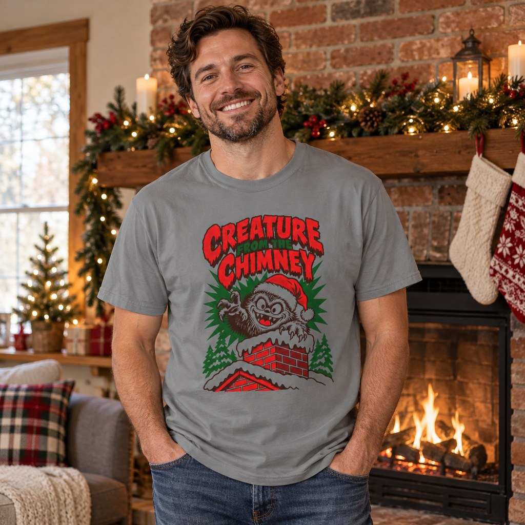 Creature from the Chimney T-Shirt worn in a casual Christmas photo