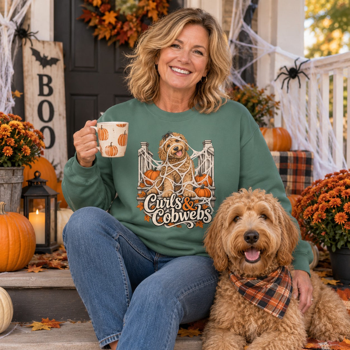 Woman wearing the Curls & Cobwebs Sweatshirt on her porch with her labradoodle