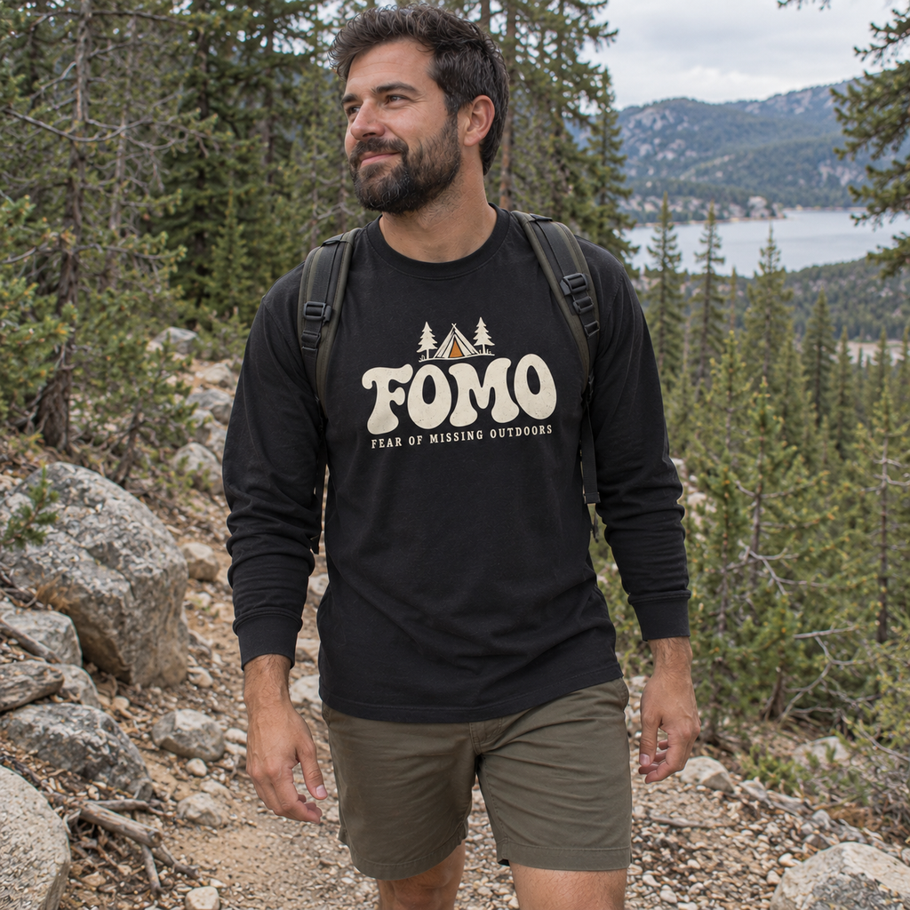 FOMO: Fear of Missing Outdoors Long Sleeve Shirt - worn outdoors