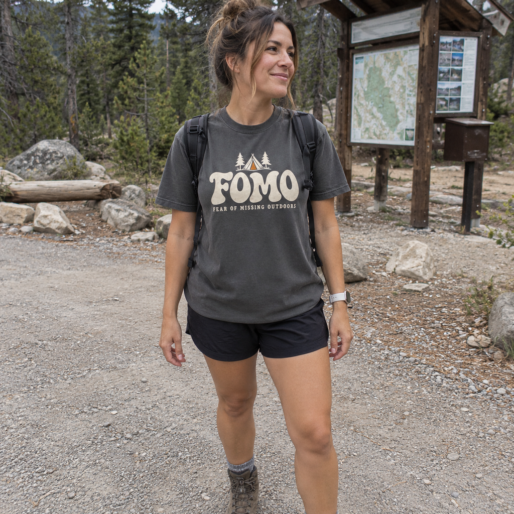 FOMO: Fear of Missing Outdoors T-Shirt - worn outdoors