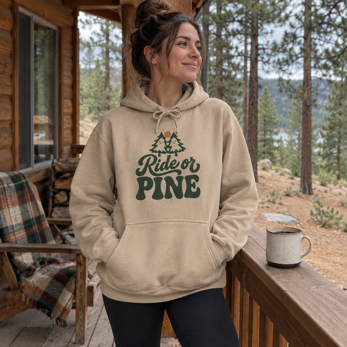 Ride or Pine Hoodie - worn outdoors