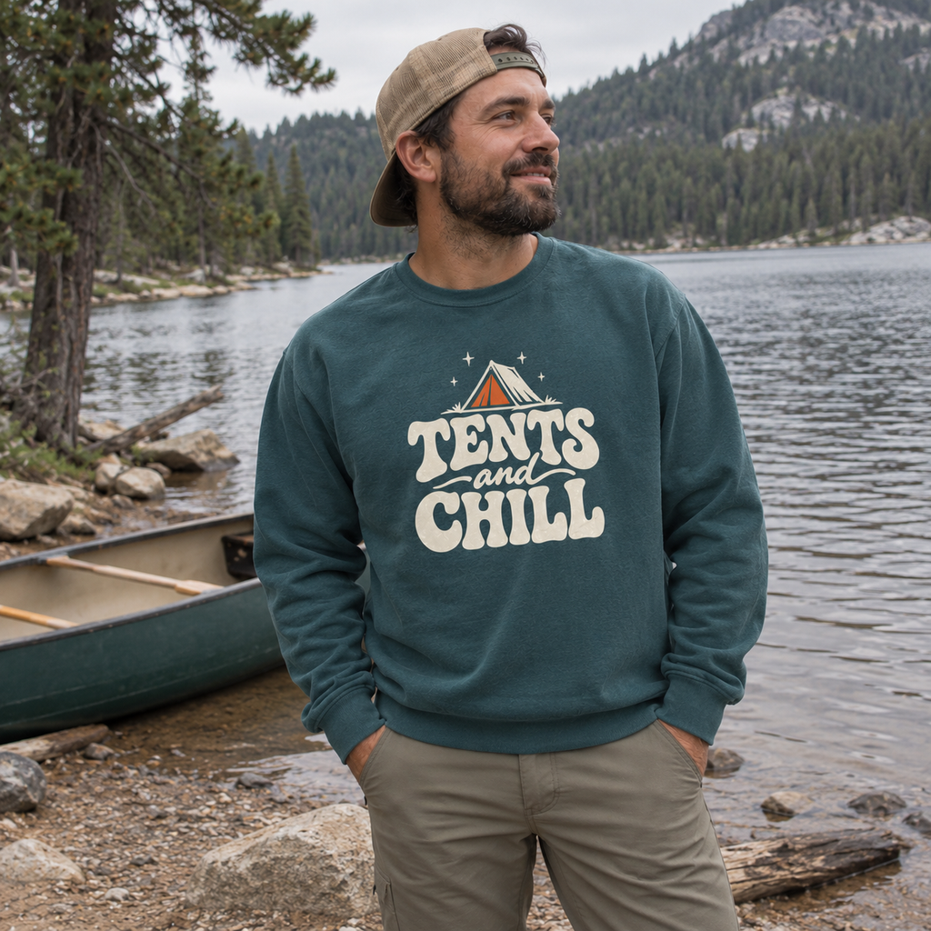 Tents and Chill Sweatshirt - worn outdoors