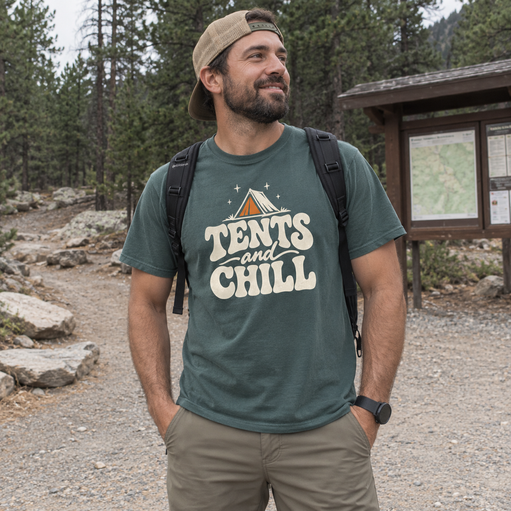 Tents and Chill T-Shirt - worn outdoors