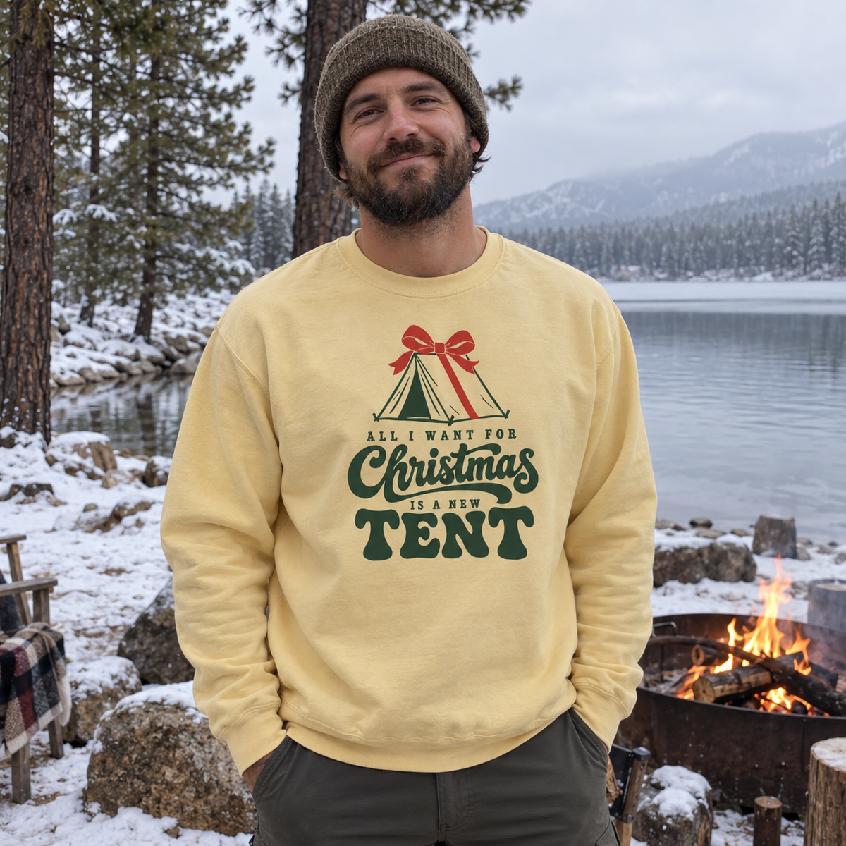 All I Want for Christmas Is a New Tent Sweatshirt - worn outdoors