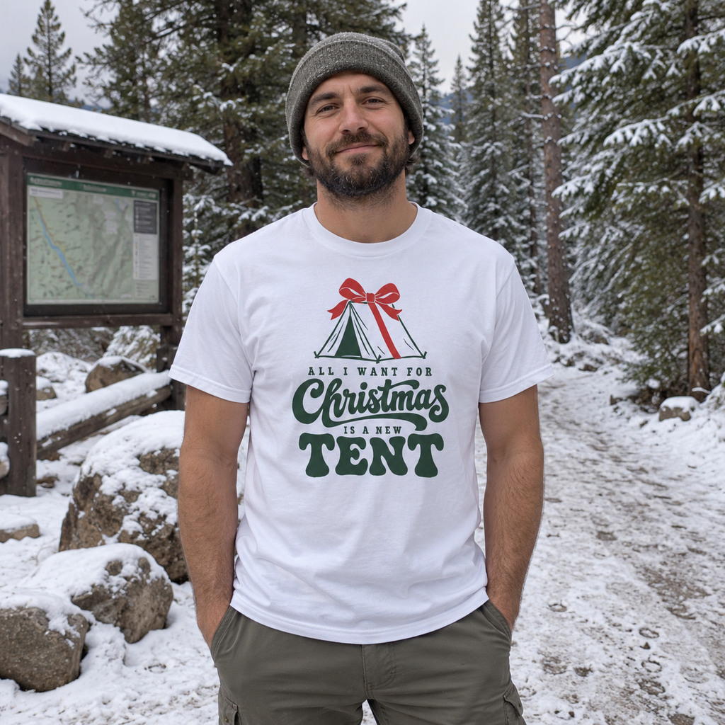 All I Want for Christmas Is a New Tent T-Shirt - worn outdoors