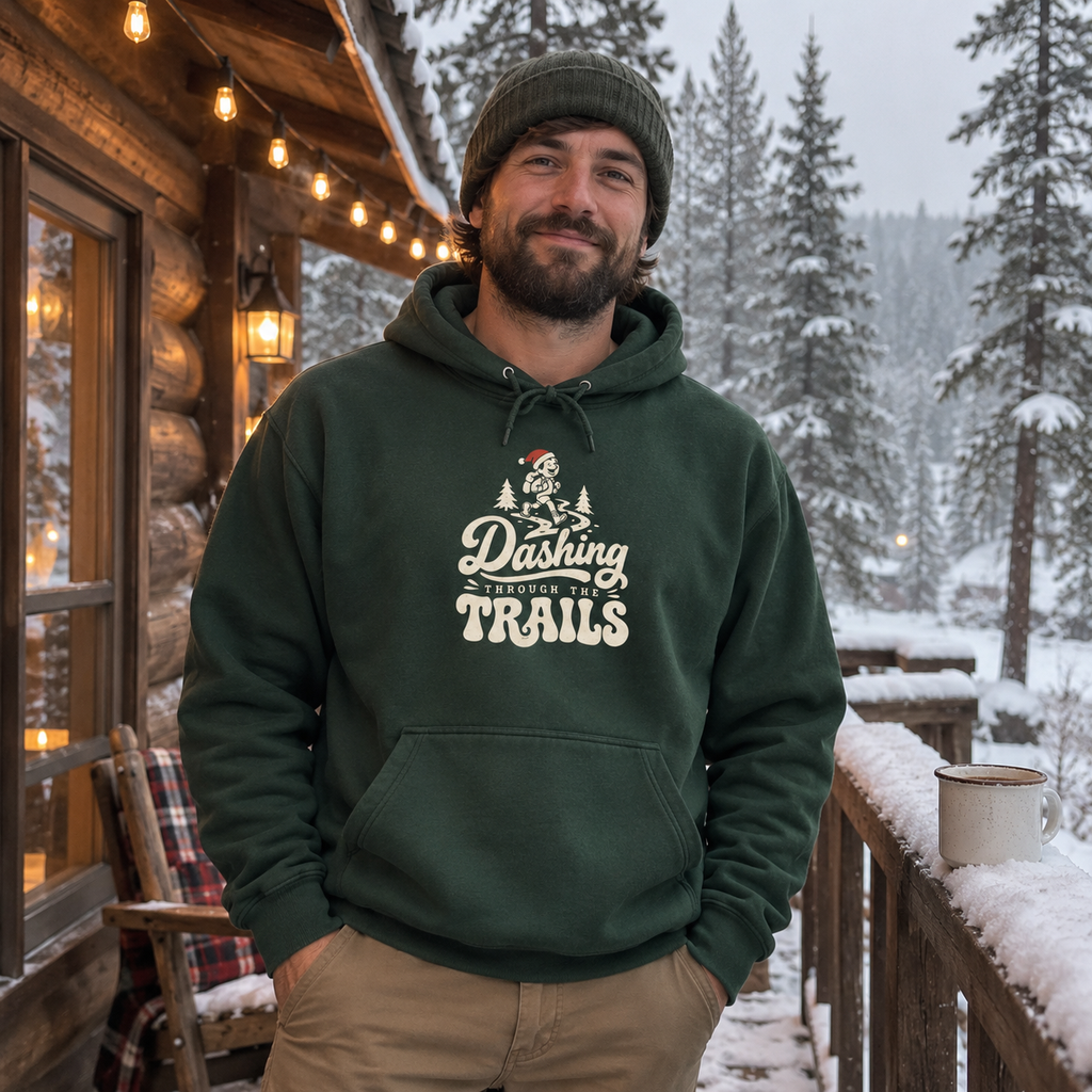 Dashing Through the Trails Hoodie - worn outdoors