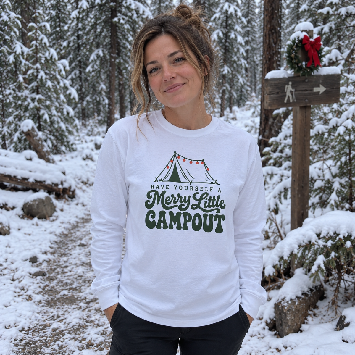 Have Yourself a Merry Little Campout Long Sleeve Shirt - worn outdoors