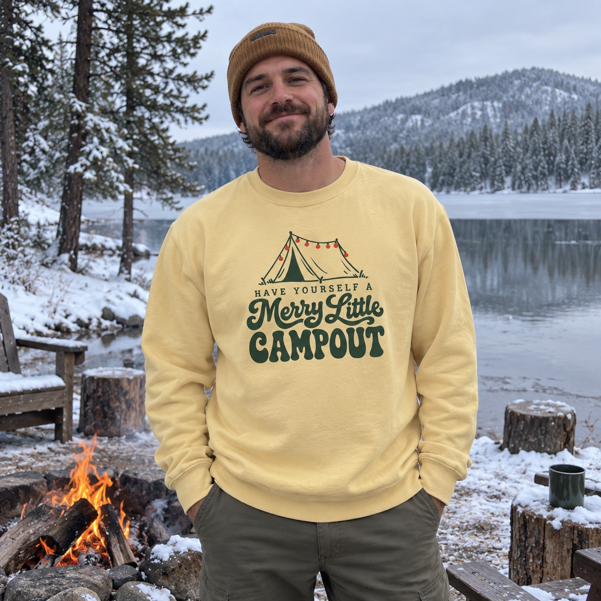 Have Yourself a Merry Little Campout Sweatshirt - worn outdoors