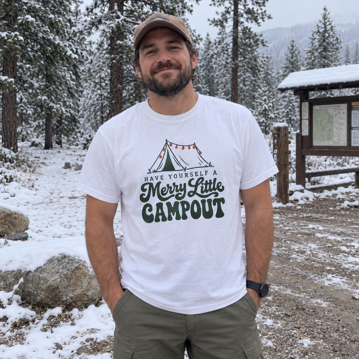 Have Yourself a Merry Little Campout T-Shirt - worn outdoors