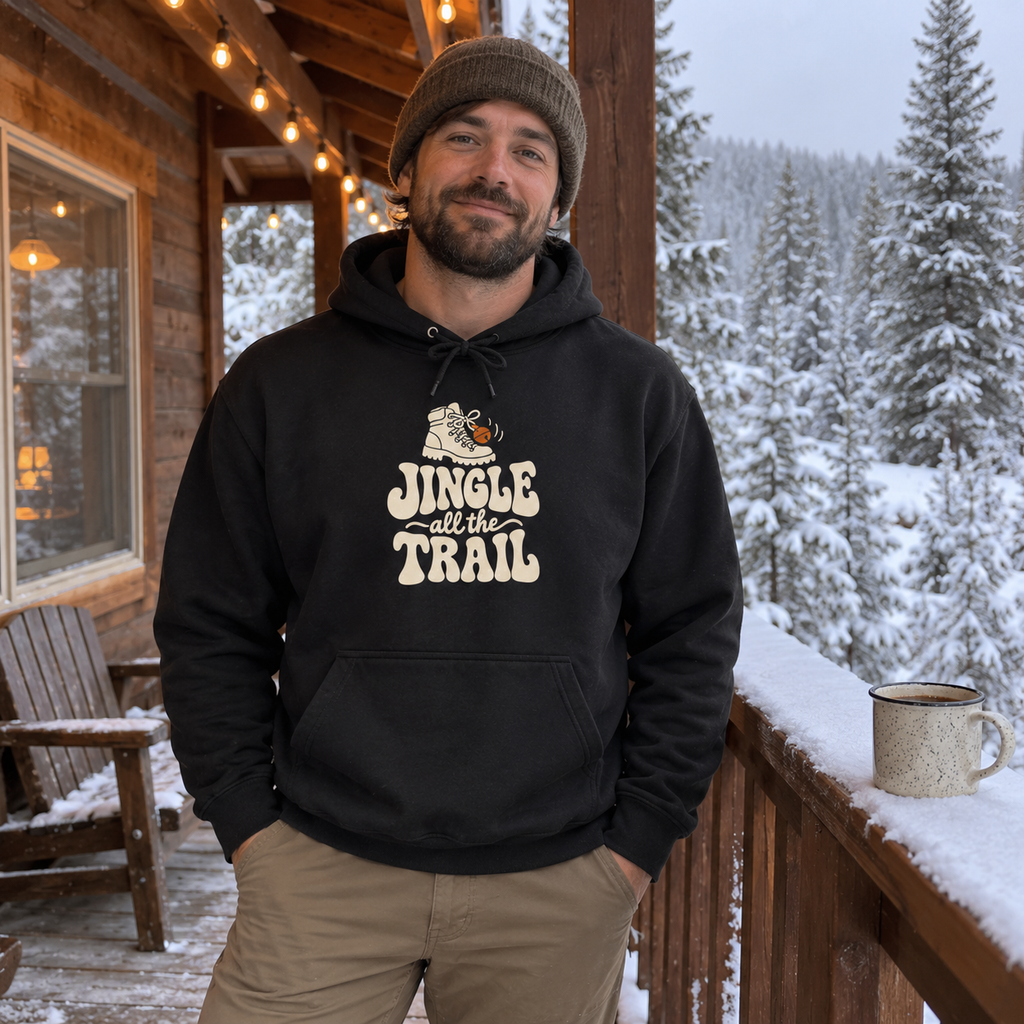Jingle All the Trail Hoodie - worn outdoors
