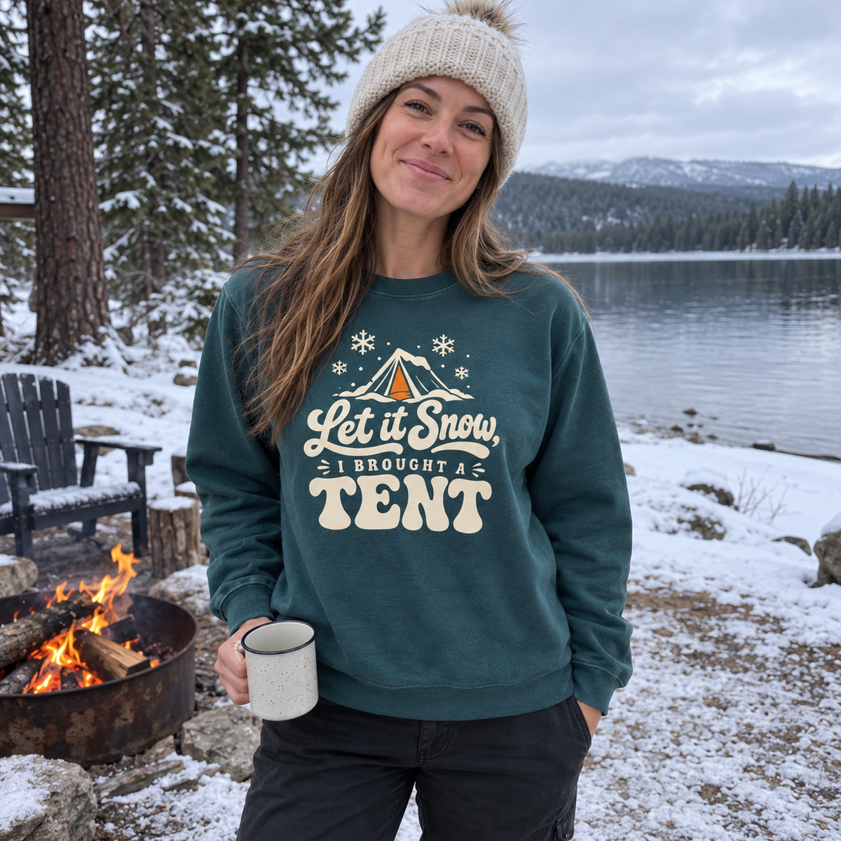 Let It Snow, I Brought a Tent Sweatshirt - worn outdoors