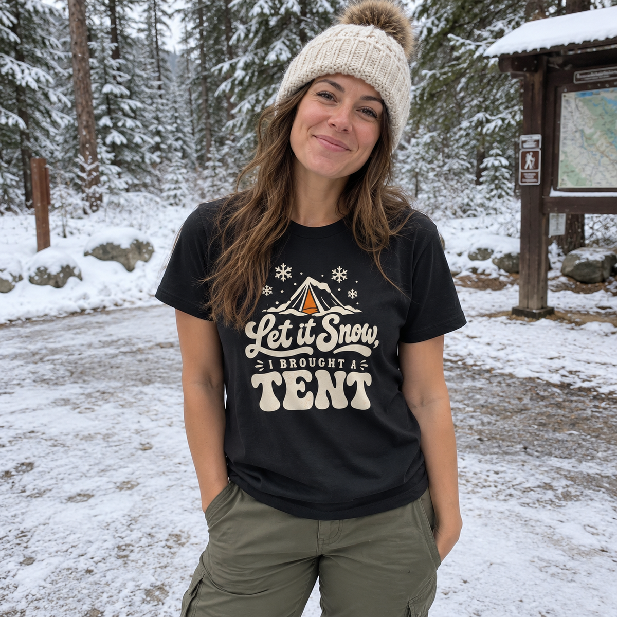 Let It Snow, I Brought a Tent T-Shirt - worn outdoors