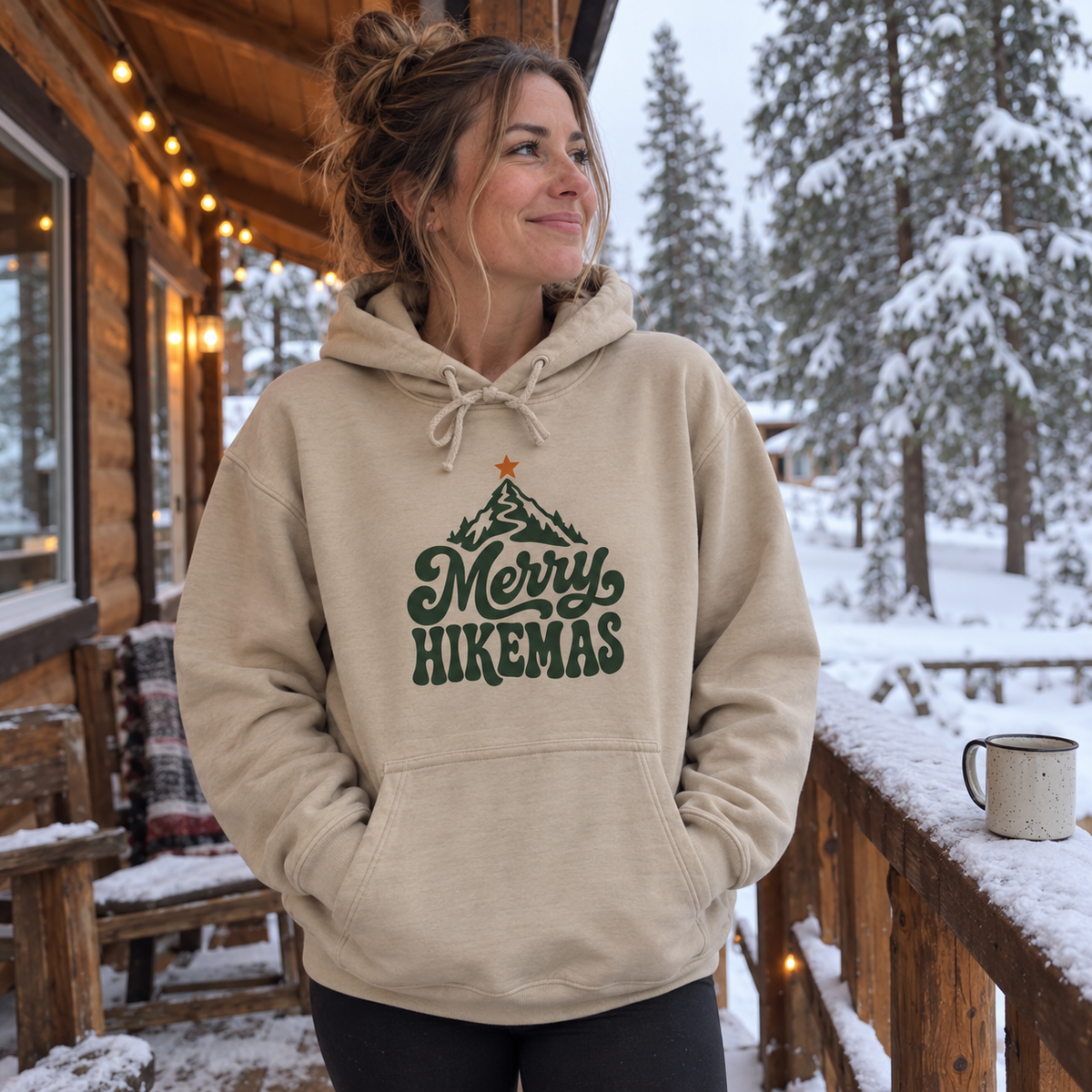 Merry Hikemas Hoodie - worn outdoors