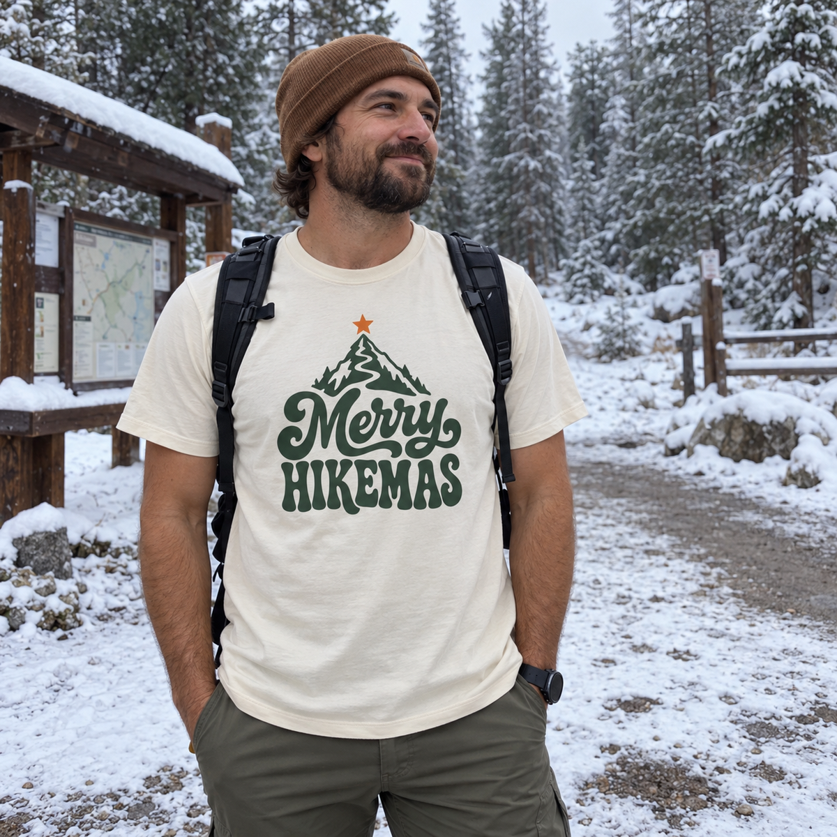 Merry Hikemas T-Shirt - worn outdoors