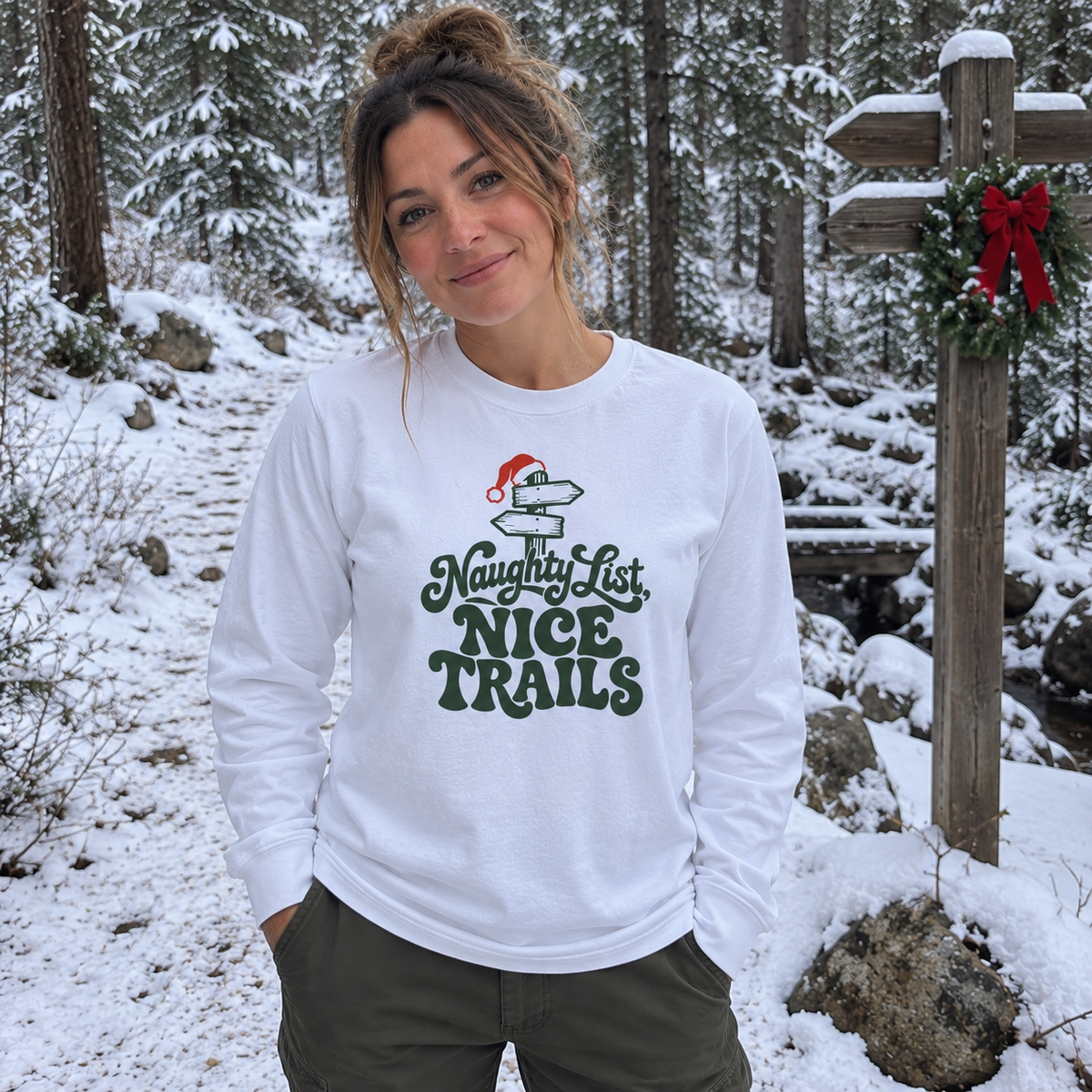 Naughty List, Nice Trails Long Sleeve Shirt - worn outdoors
