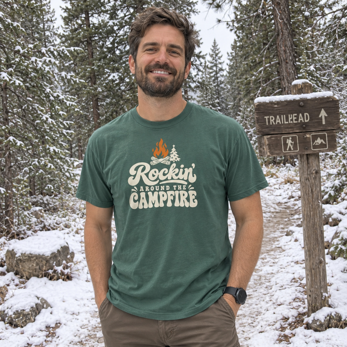 Rockin' Around the Campfire T-Shirt - worn outdoors