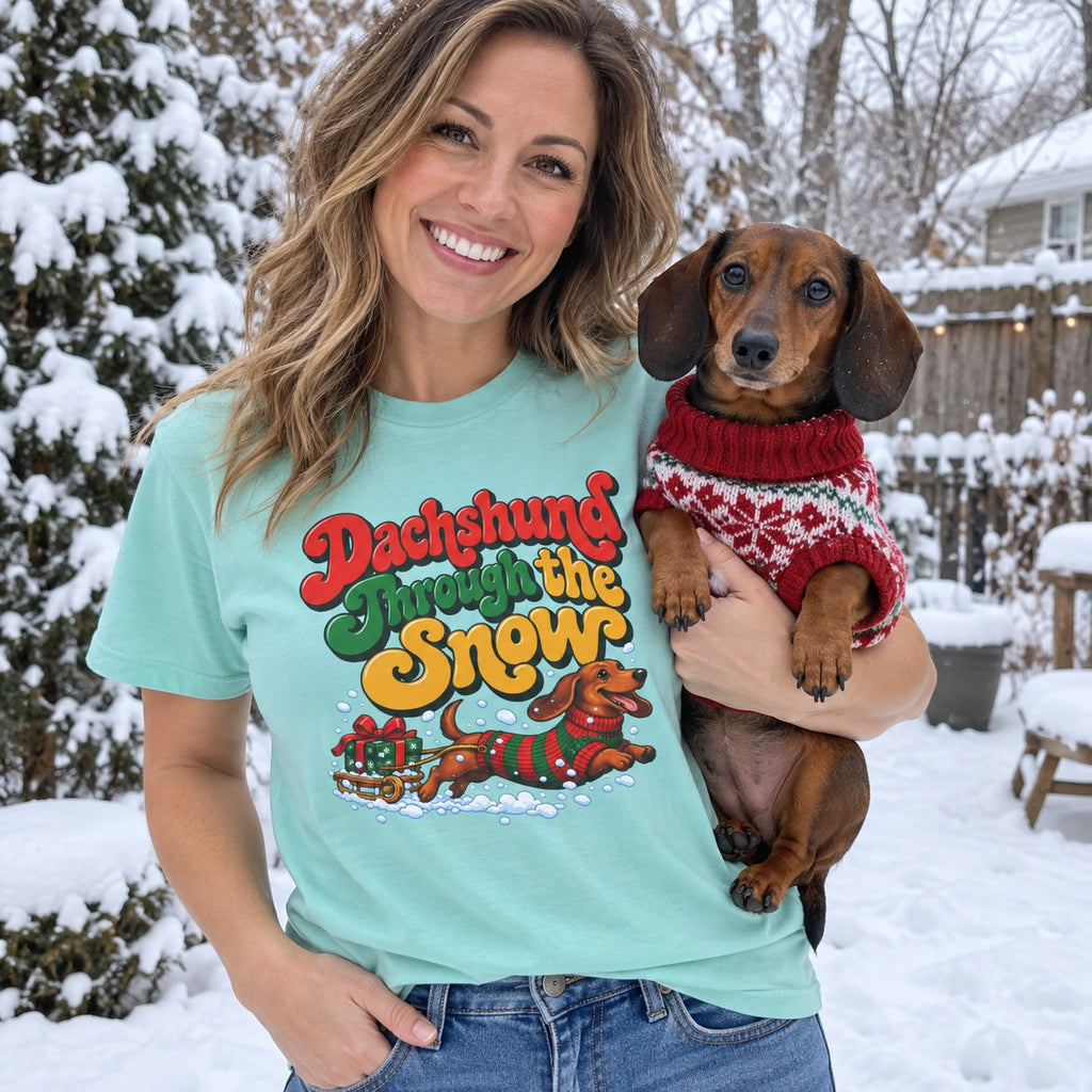 Dachshund Through the Snow T-Shirt worn in a casual Christmas photo