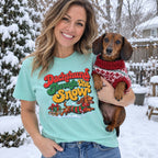 Dachshund Through the Snow T-Shirt worn in a casual Christmas photo
