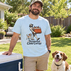 Man wearing the Designated Cooler Carrier T-Shirt in a backyard