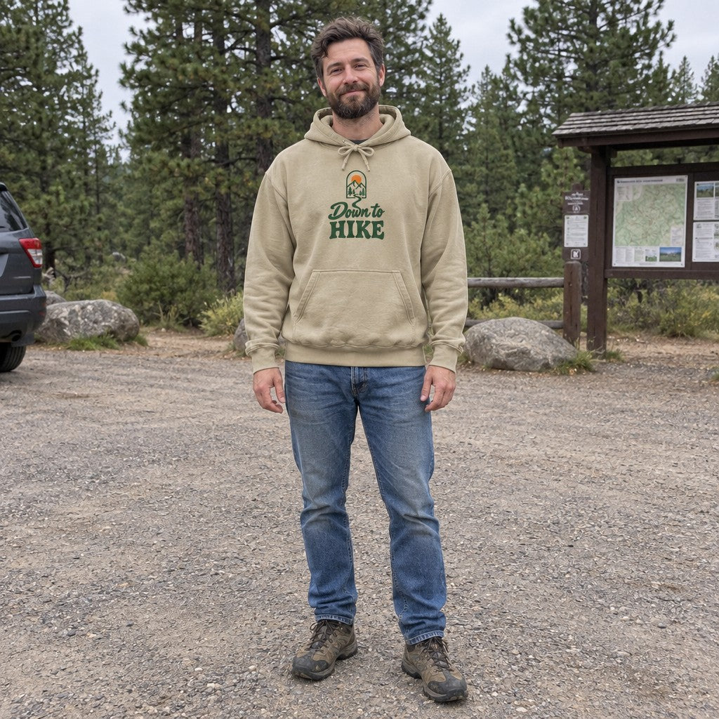 Down to Hike Hoodie worn at a trailhead