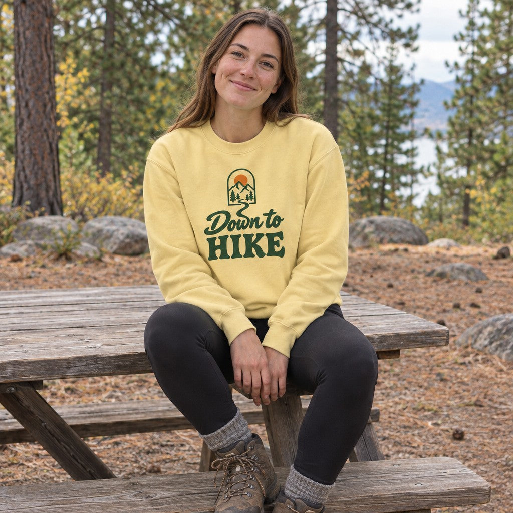 Down to Hike Sweatshirt worn at a campsite