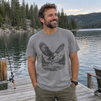 Eagle and Trout T-Shirt worn on a lake dock