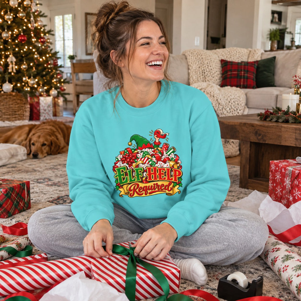 Elf Help Required Sweatshirt worn in a casual Christmas photo