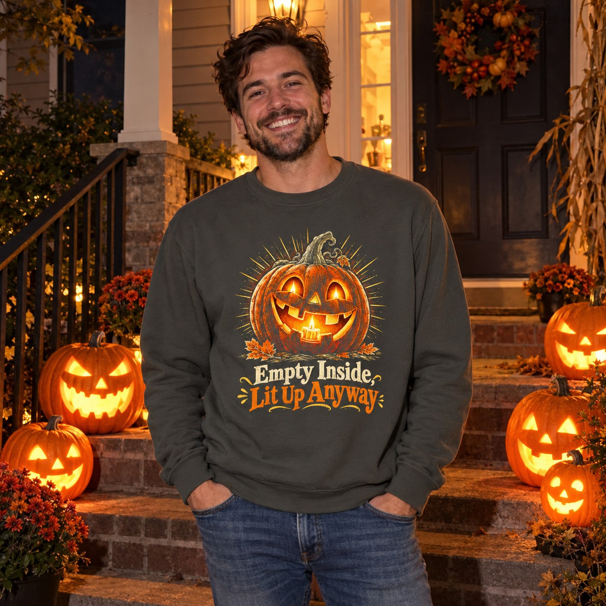 Empty Inside, Lit Up Anyway Sweatshirt worn casually