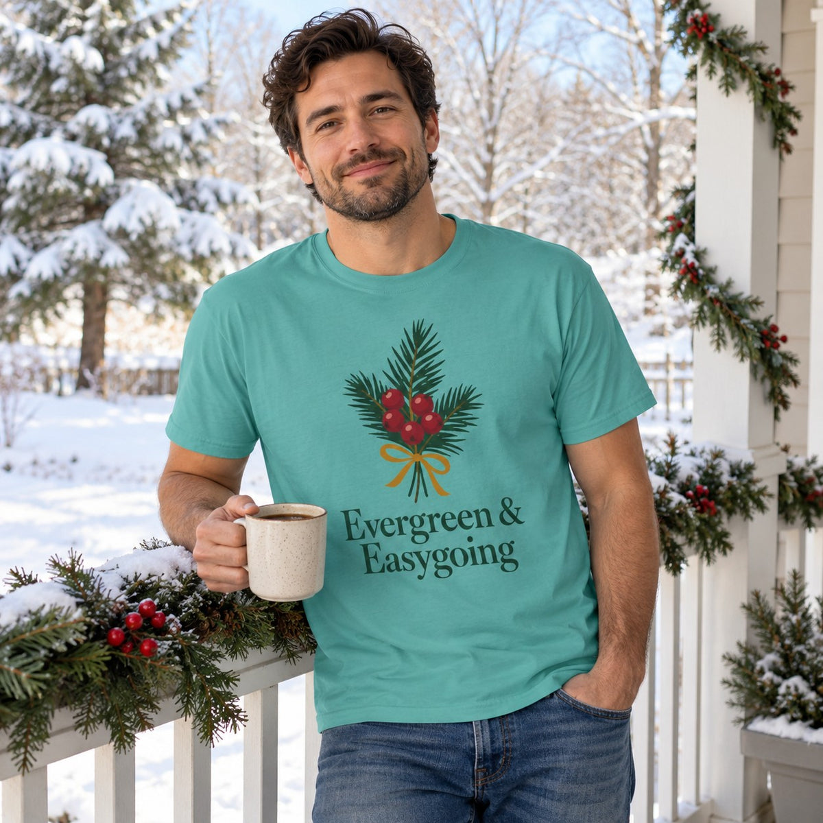 Evergreen & Easygoing T-Shirt worn in a casual Christmas photo