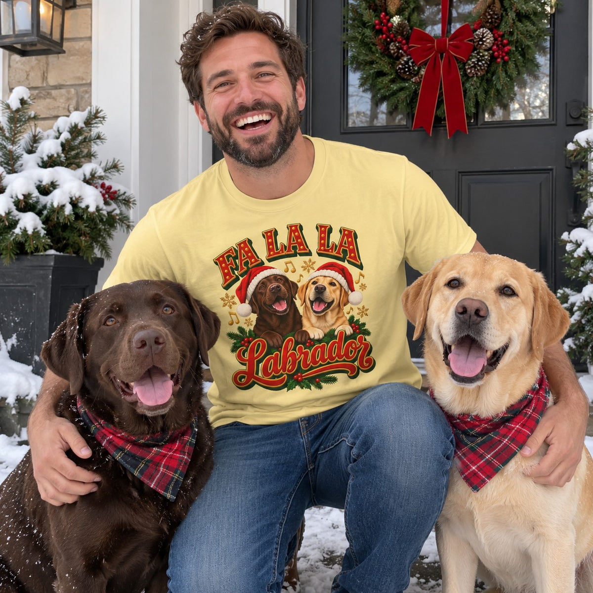Fa La La Labrador T-Shirt worn in a casual Christmas photo