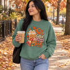 Woman wearing the Fall Called. I Ordered Iced. sweatshirt