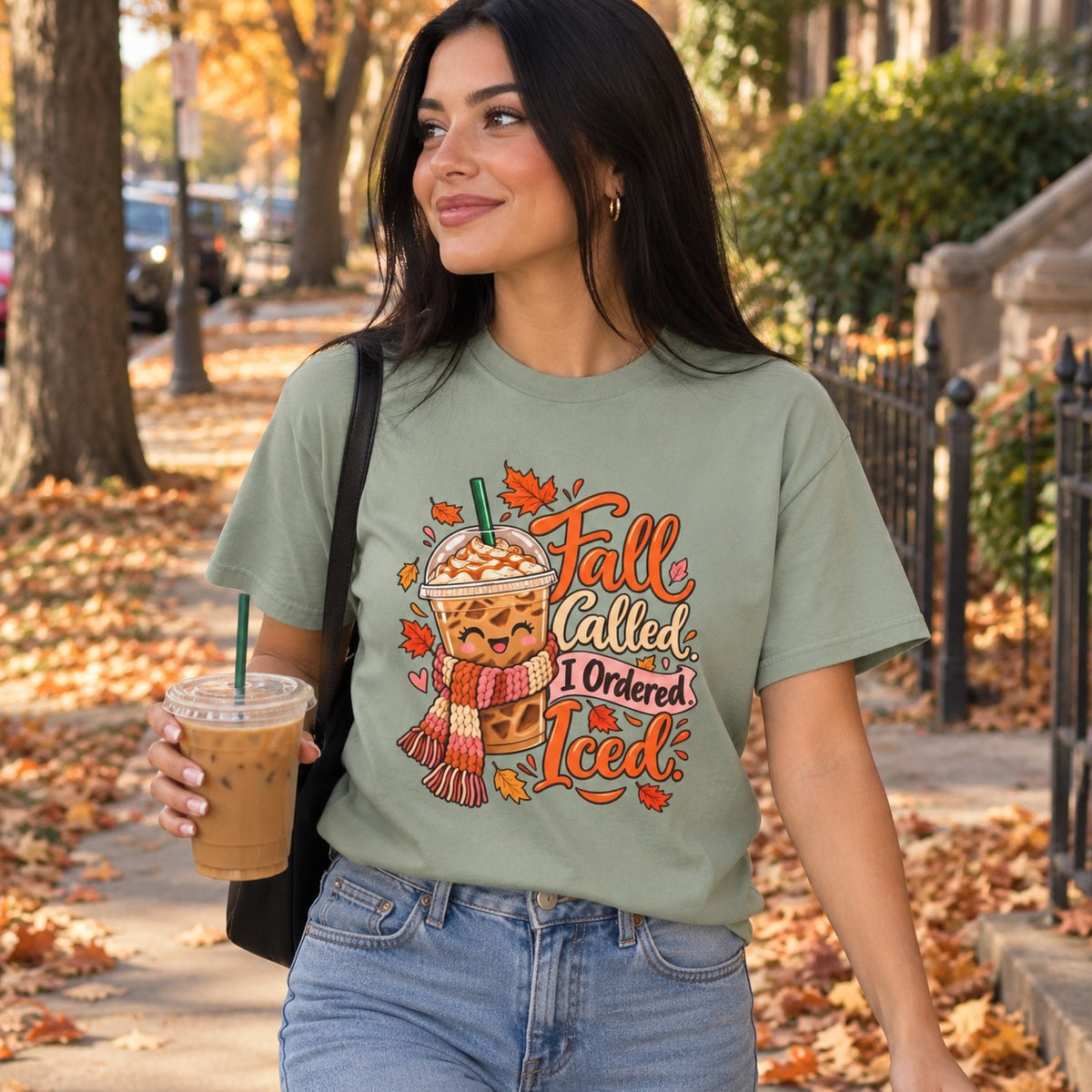 Woman wearing the Fall Called. I Ordered Iced. T-shirt