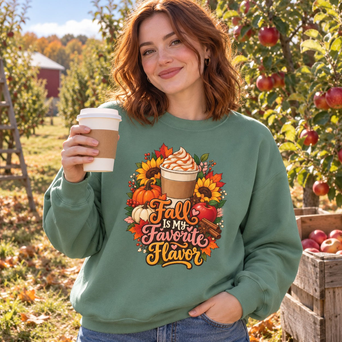 Woman wearing the Fall Is My Favorite Flavor sweatshirt
